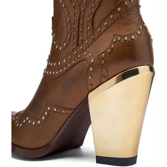 Women's Brown Leather Western Boots with Chunky Heel Stylish Sharp tip Boots - Picture 7 of 9